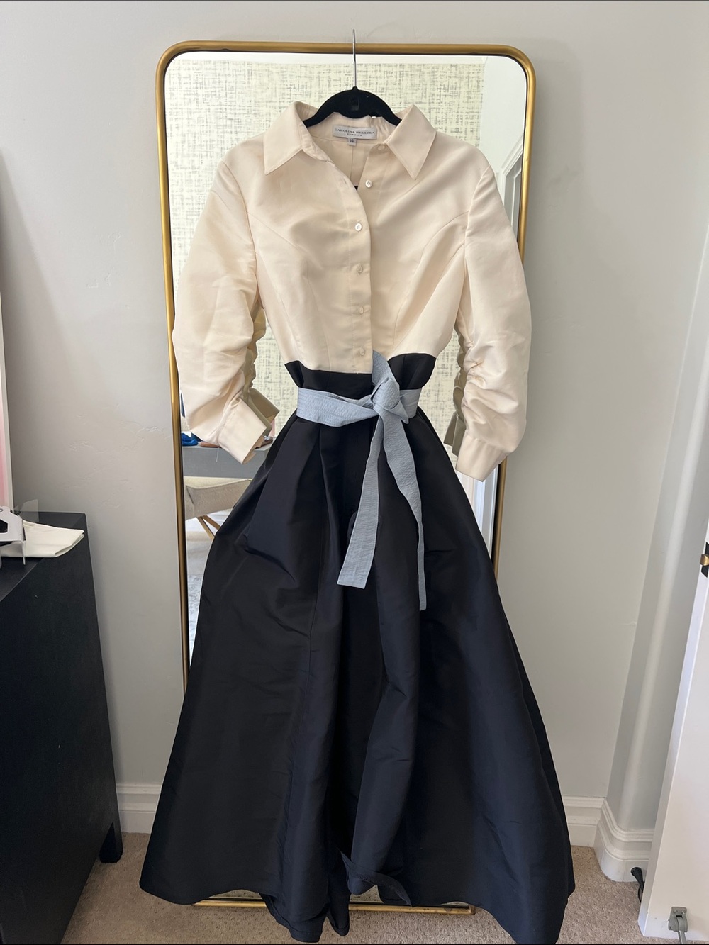 Carolina Herrera Ivory Silk Blouse with Black Full Skirt and Gray Sash